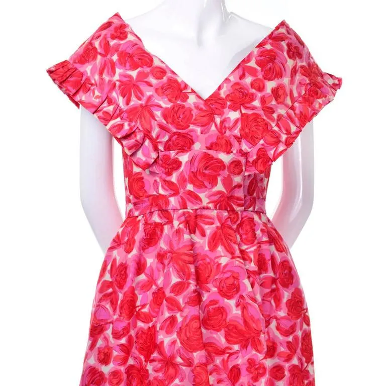 1960s Vintage Pink Floral Silk Pinafore Style Ruffled Yoke Dress