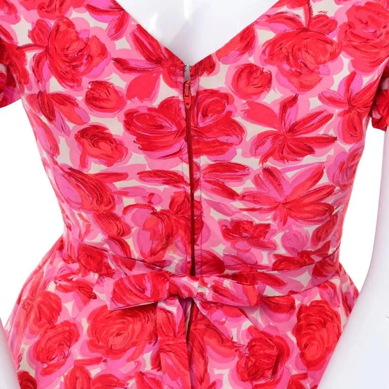 1960s Vintage Pink Floral Silk Pinafore Style Ruffled Yoke Dress