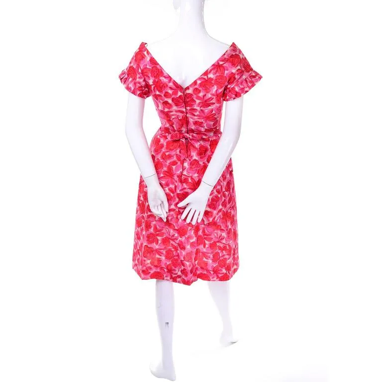 1960s Vintage Pink Floral Silk Pinafore Style Ruffled Yoke Dress