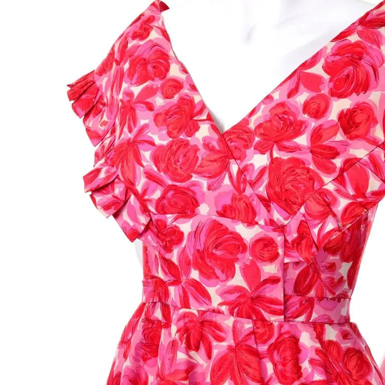 1960s Vintage Pink Floral Silk Pinafore Style Ruffled Yoke Dress