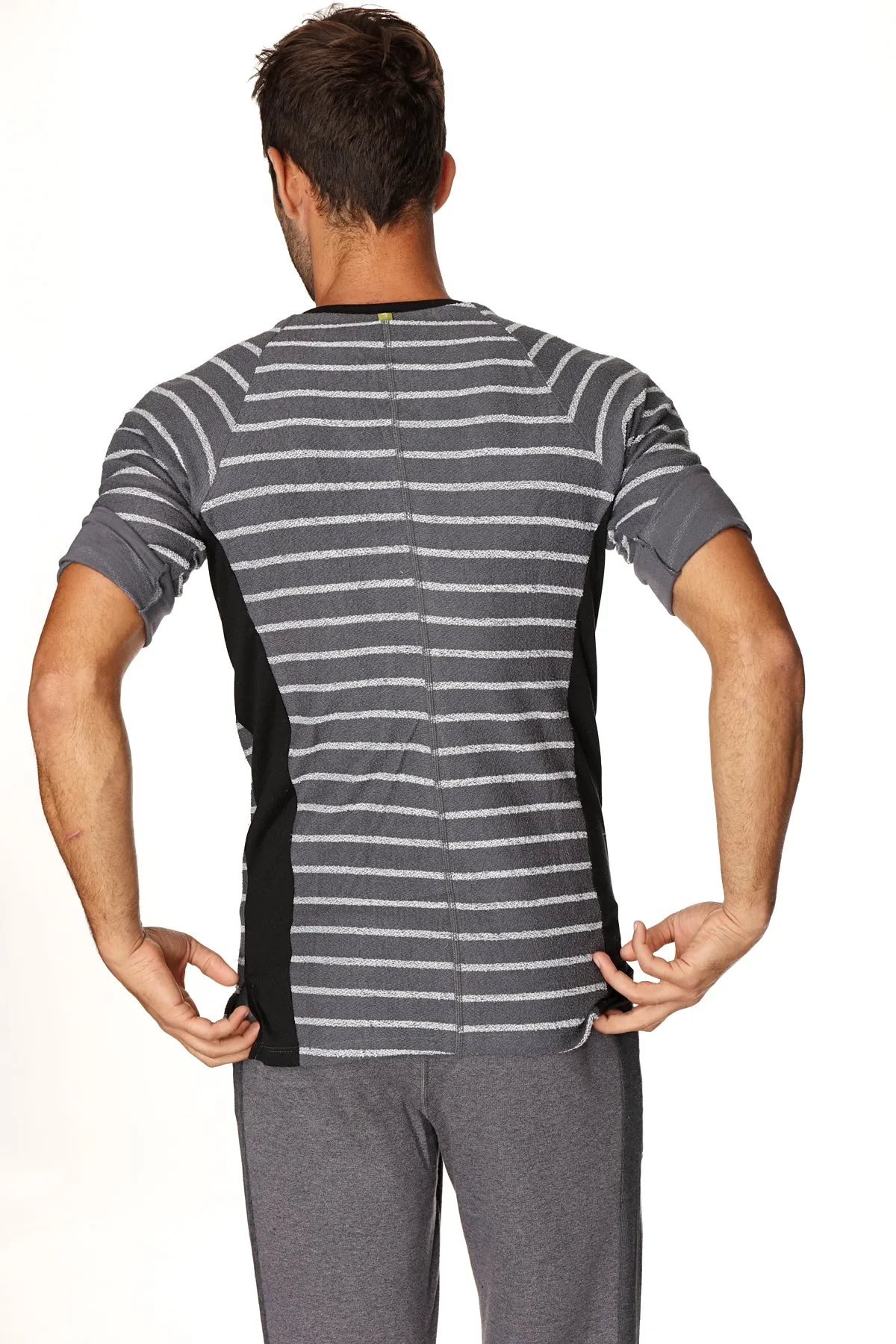 4-rth Mens Vintage-Stripe Henley Tee in French Terry Loop (Charcoal w/Stripe)