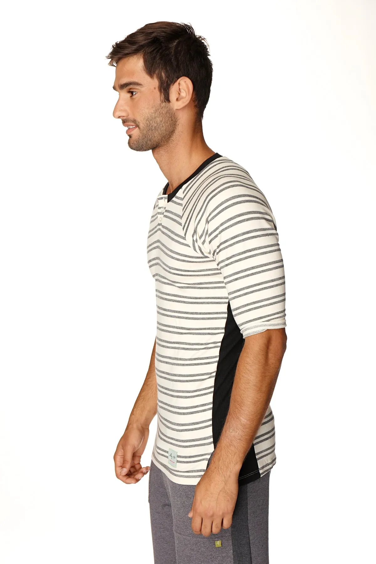 4-rth Mens Vintage-Stripe Henley Tee in French Terry Loop (Dark Grey Double Stripe)