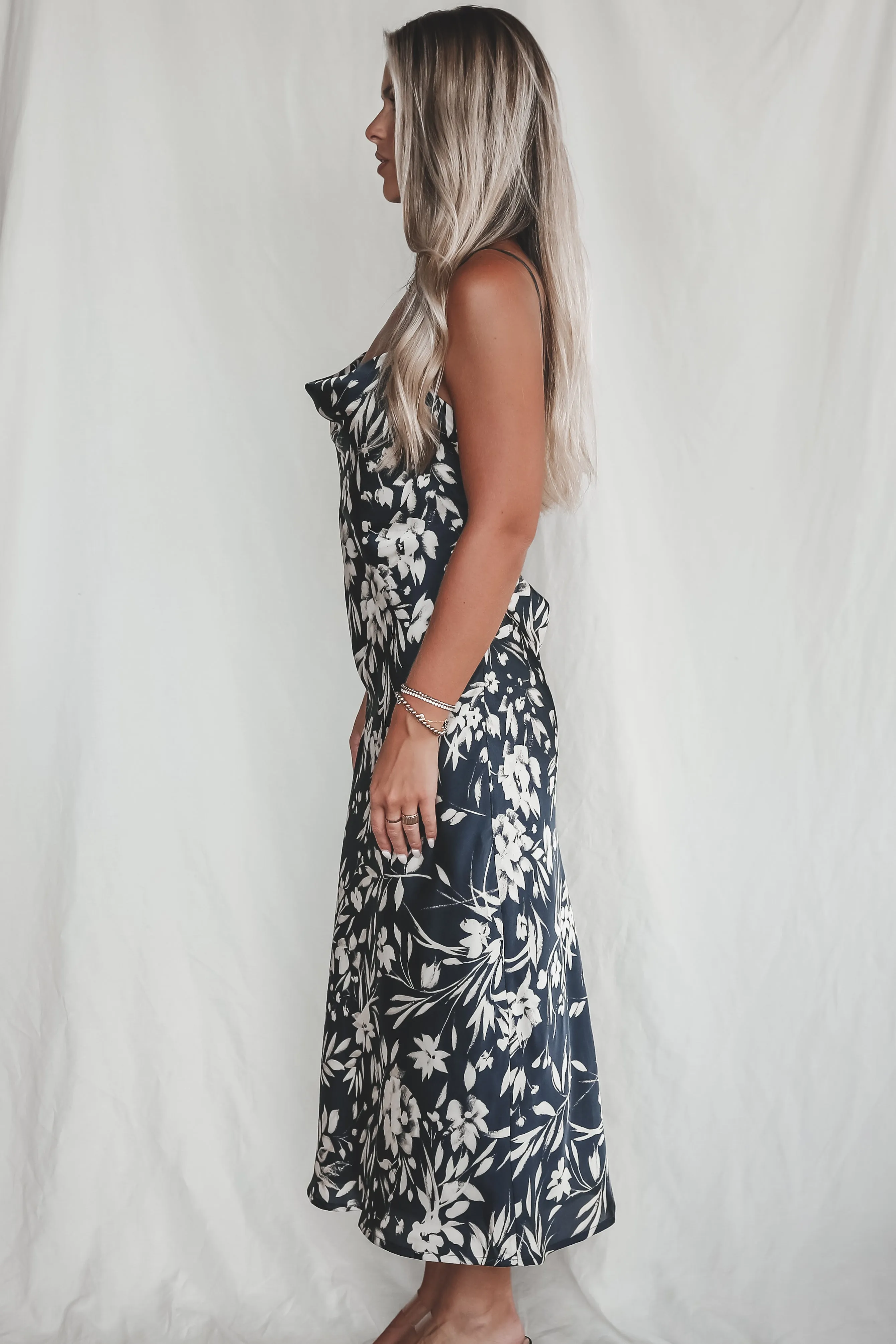 A Nice Evening Navy Satin Low Back Maxi Dress