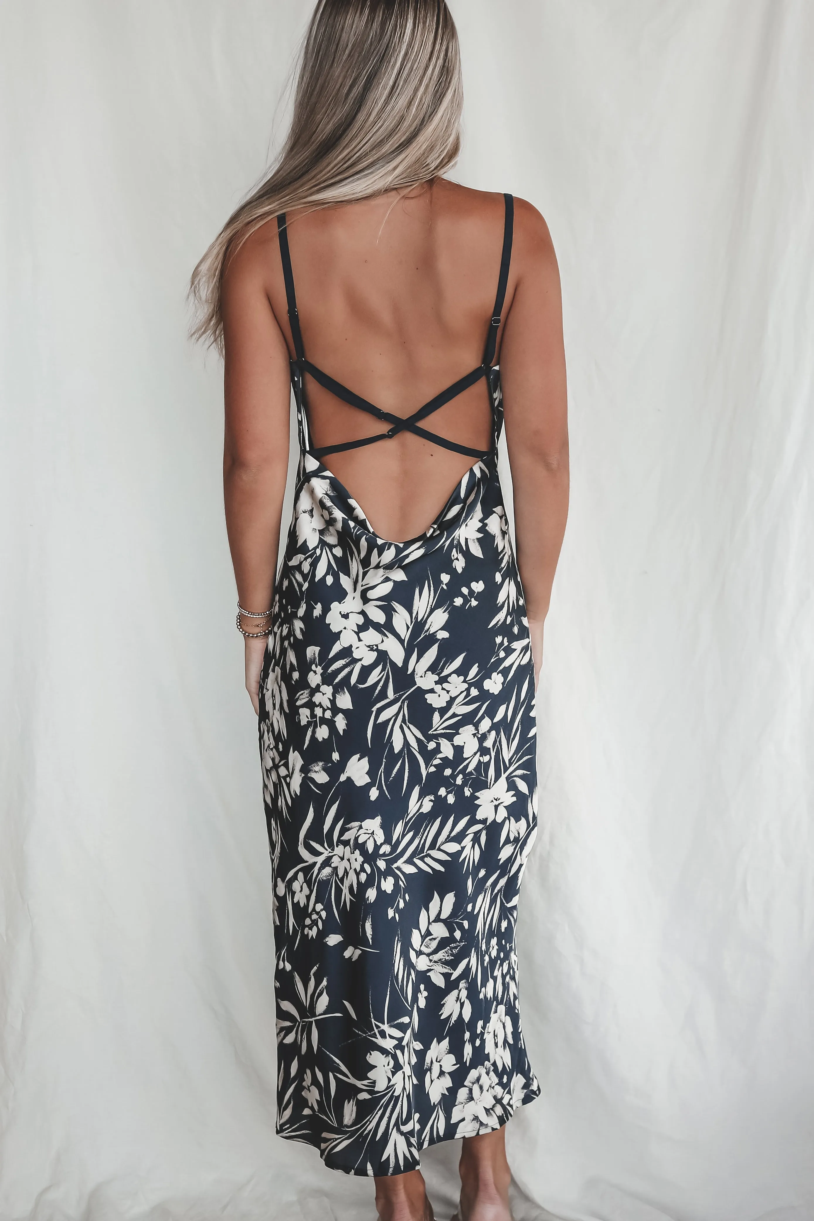 A Nice Evening Navy Satin Low Back Maxi Dress