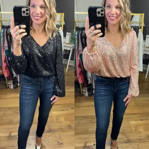 All That Dazzle Sequin Detail Faux-Wrap Bodysuit - Multiple Options