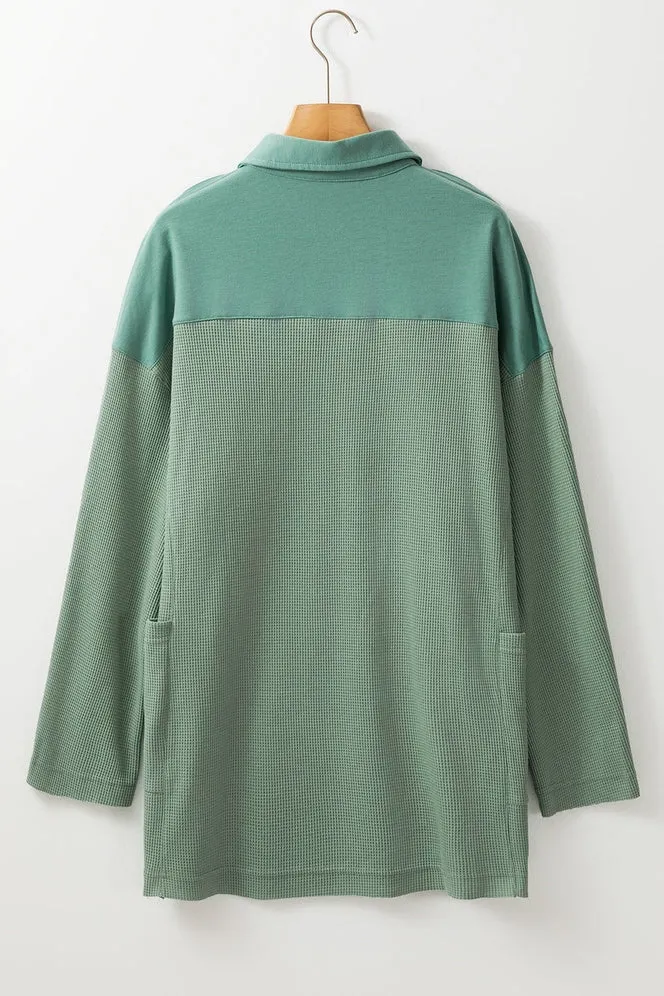 At the Cabin Waffle Knit Henley Smoke Green