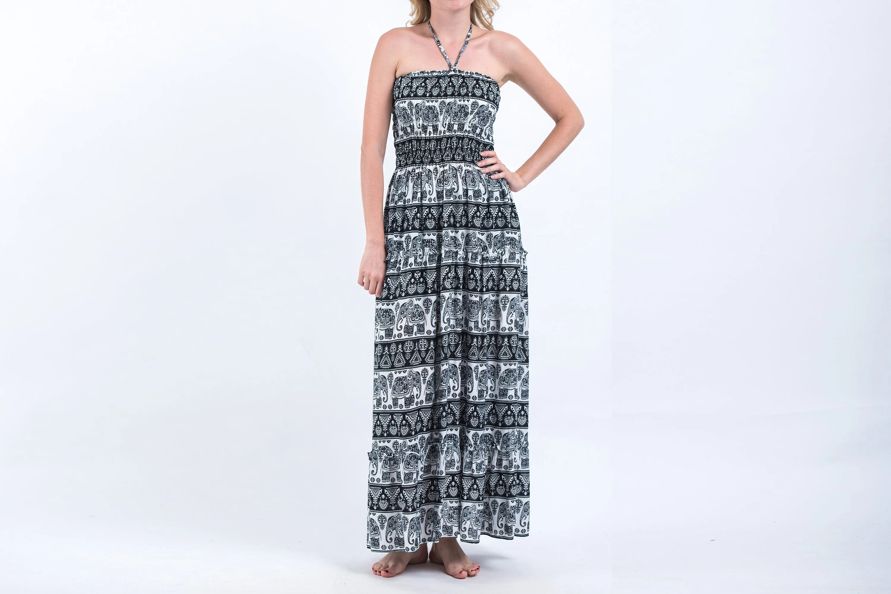 Aztec Elephants Smocked Bandeau Maxi Dress in Black White