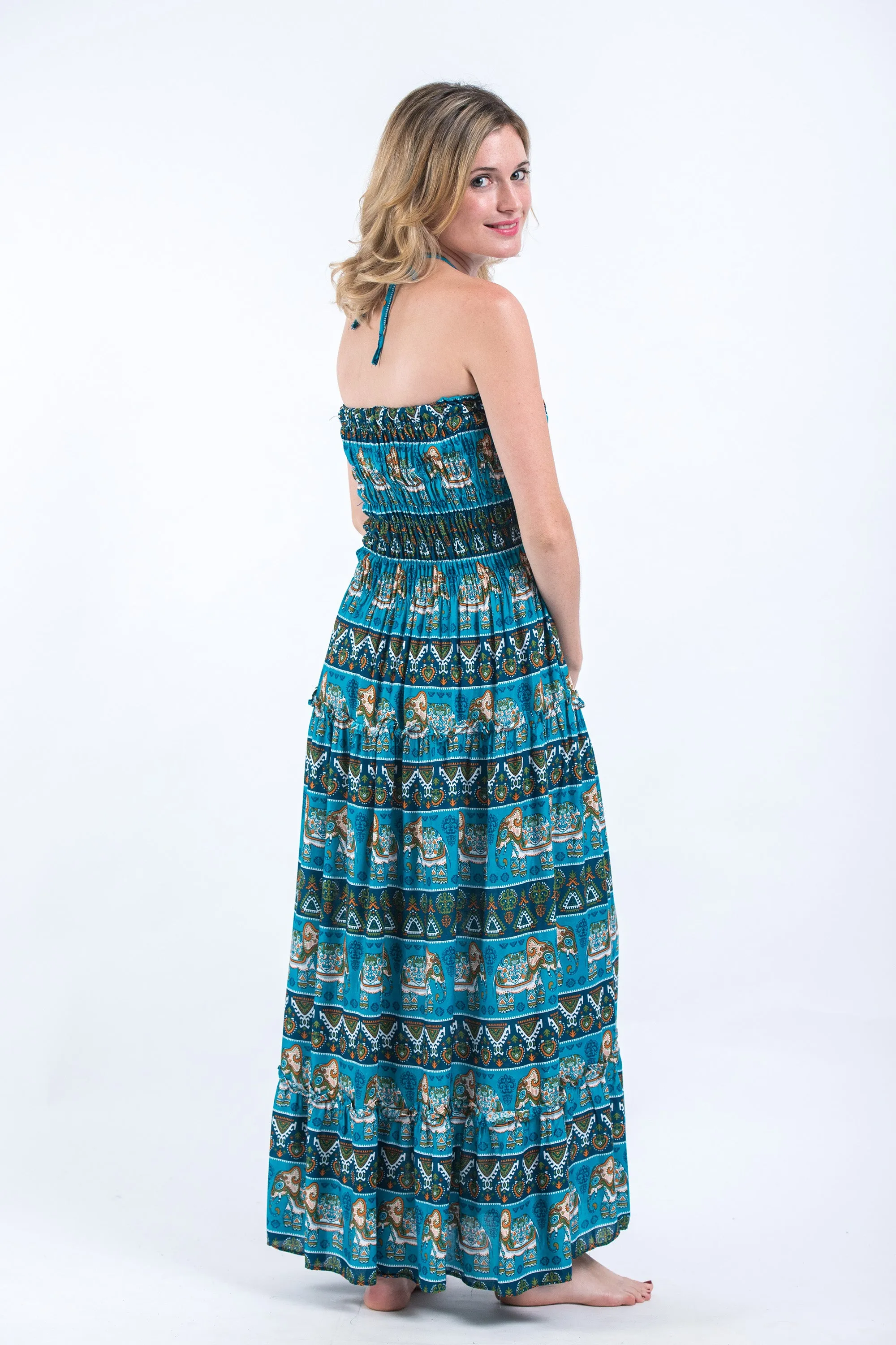 Aztec Elephants Smocked Bandeau Maxi Dress in Ocean Blue