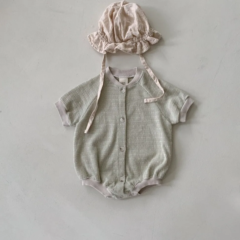 Baby BH Contrast Trim Button Waffle Romper (3-18m) - Mint