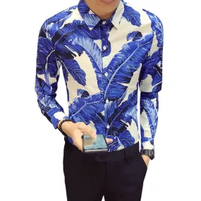 Banana Leaves Print in Bold Color Men Slim Fit Long Sleeves Shirt