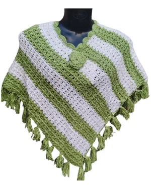 Beautiful White & Moss Woolen Color Crochet Desing Poncho - Girls (12 - 15 yrs.)