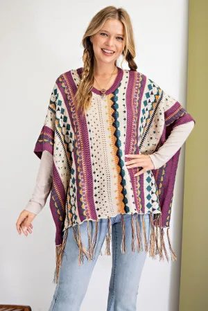 Been a while multi-color Knitted Poncho Sweater