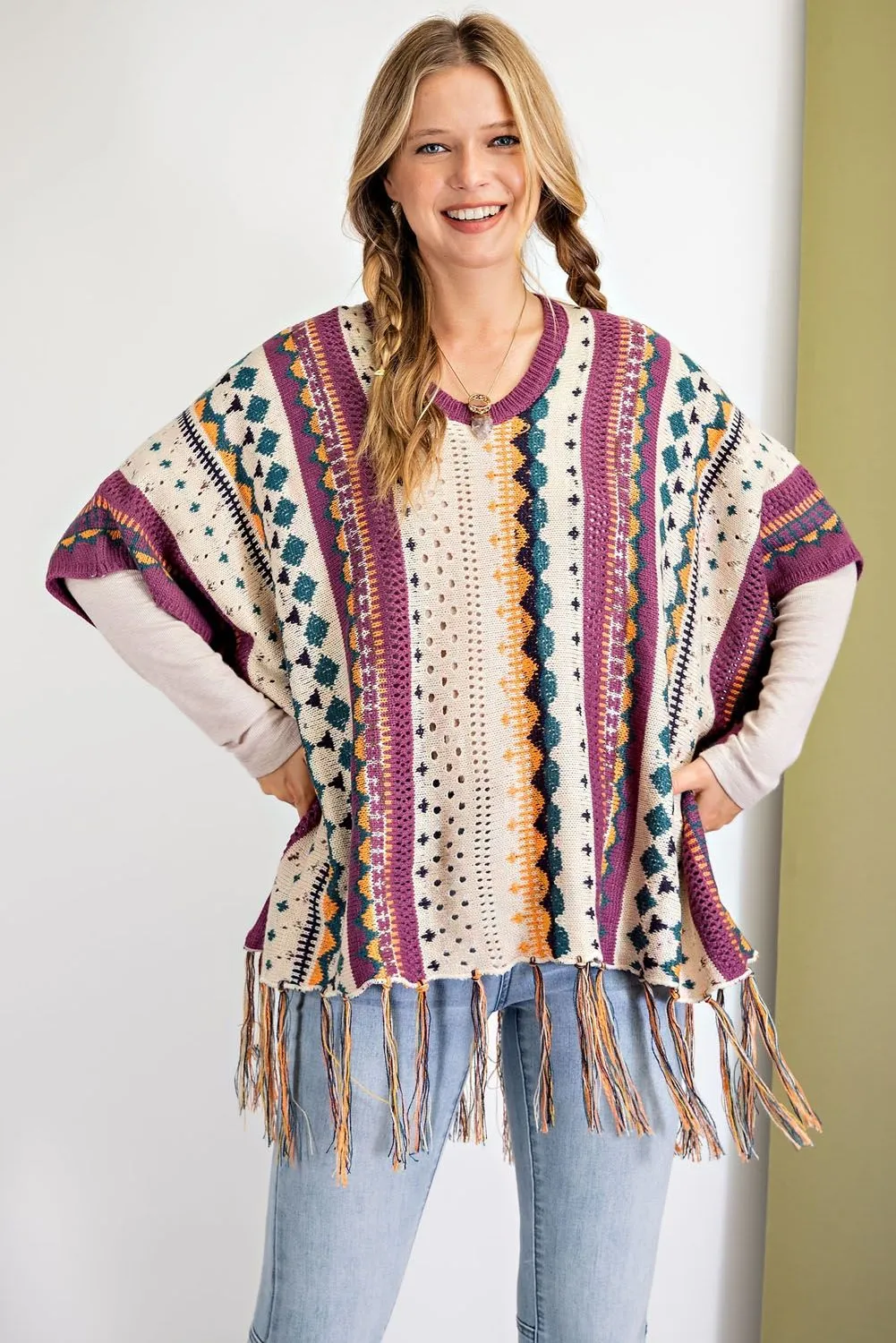 Been a while multi-color Knitted Poncho Sweater