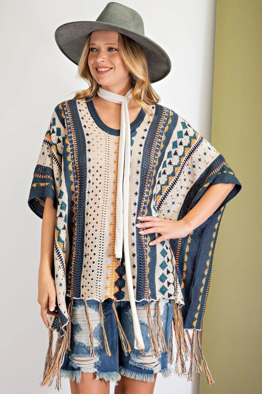 Been a while multi-color Knitted Poncho Sweater