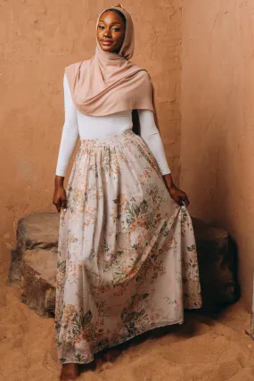 Beige Floral Chiffon Maxi Skirt