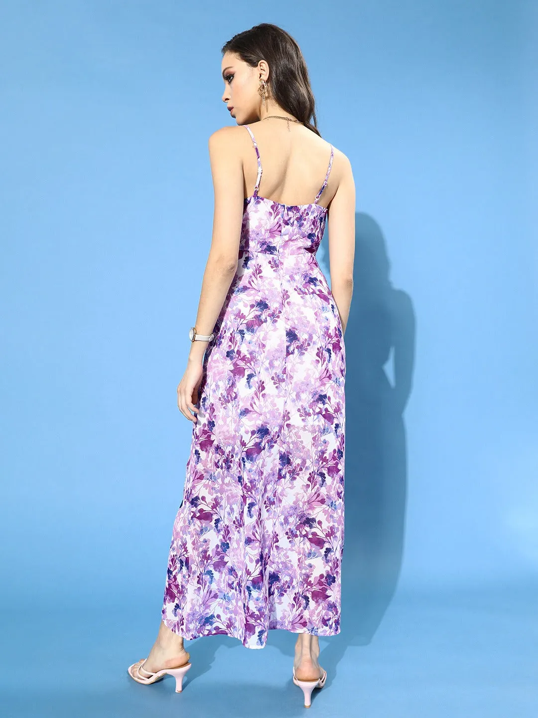 Berrylush Women White Floral Printed Asymmetric Hem Maxi Dress