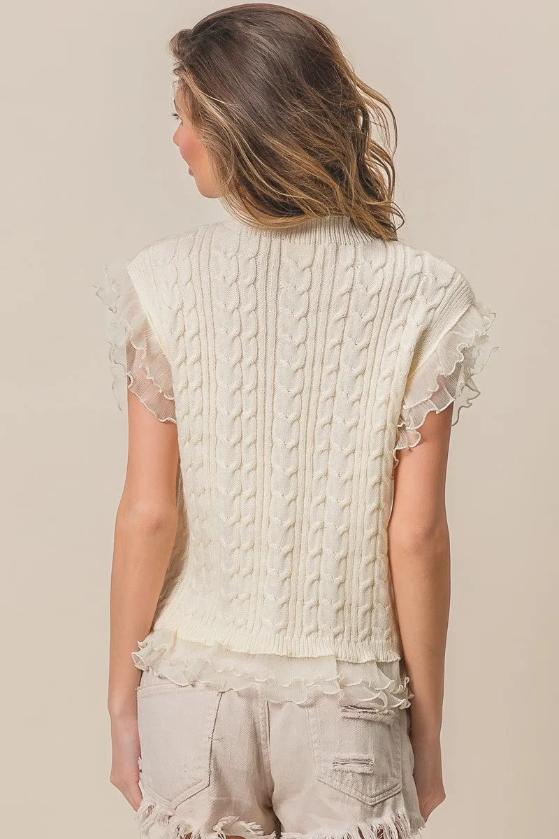 BiBi Cable Knit Top with Layered Chiffon Edges in Cream