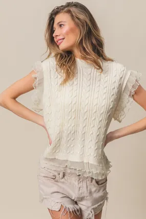 BiBi Cable Knit Top with Layered Chiffon Edges in Cream