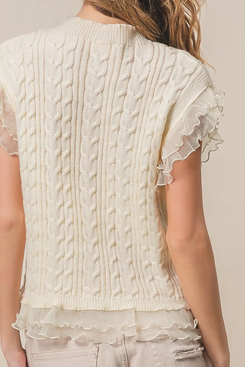 BiBi Cable Knit Top with Layered Chiffon Edges in Cream