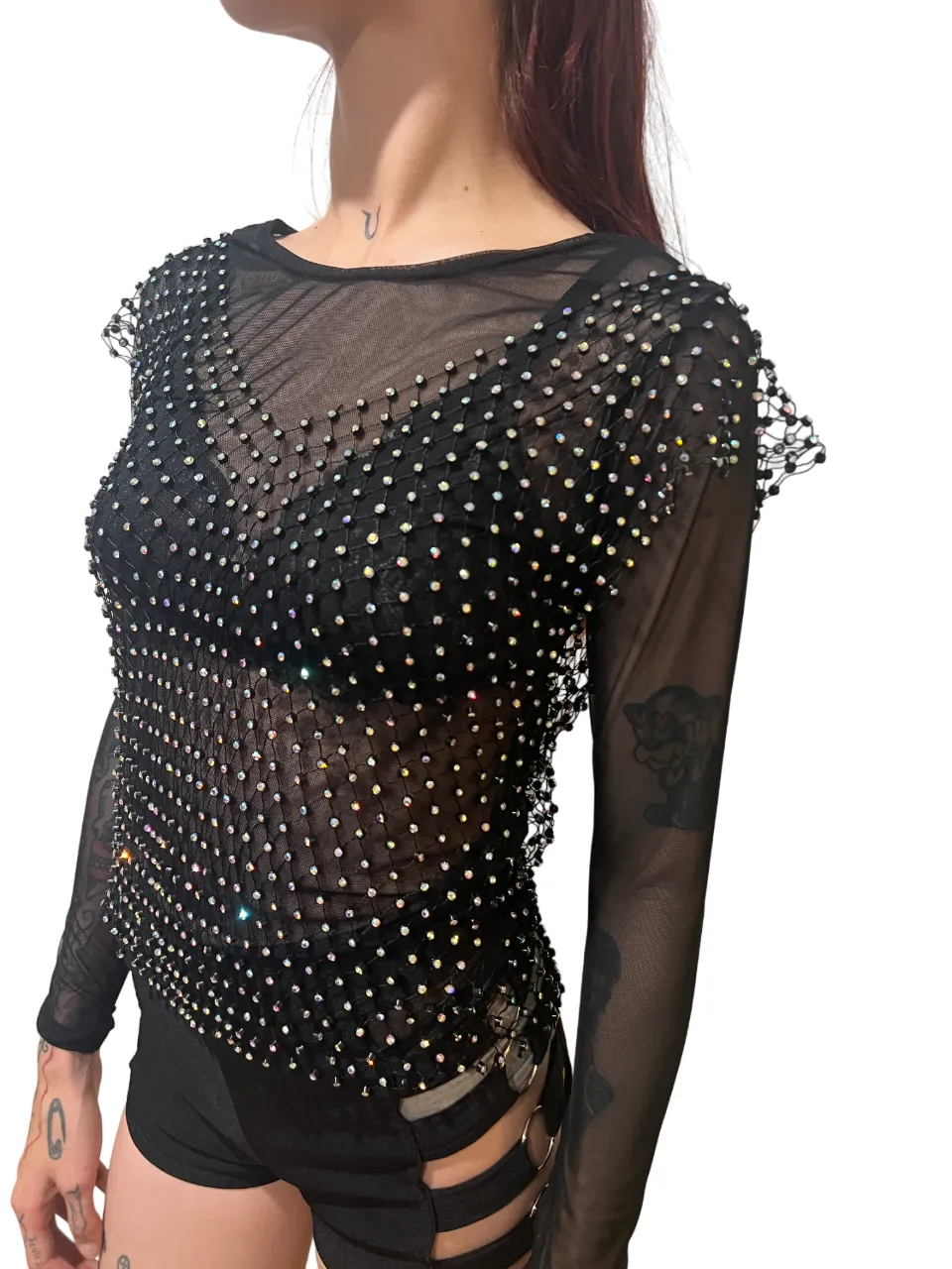 Black Coloured Crystal Mesh V Top