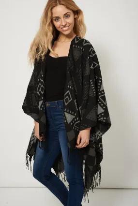 Black Geometric Print Open Front Fringe  Poncho