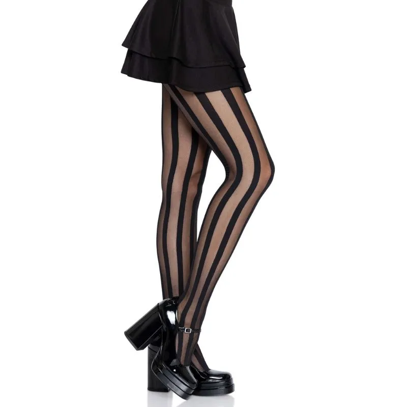 Black Sheer Stocking with Opaque Vertical Stripes