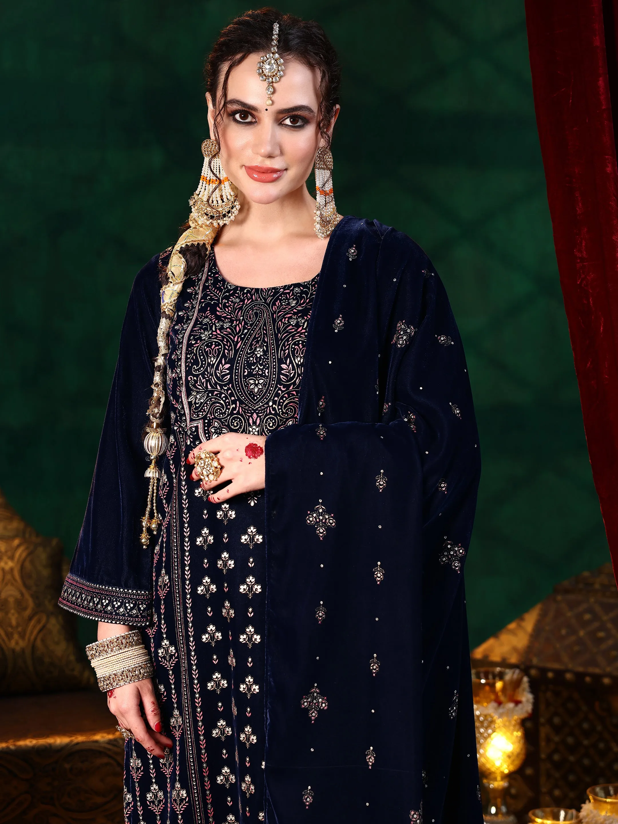 Blue Embroidered Velvet Straight Suit With Dupatta