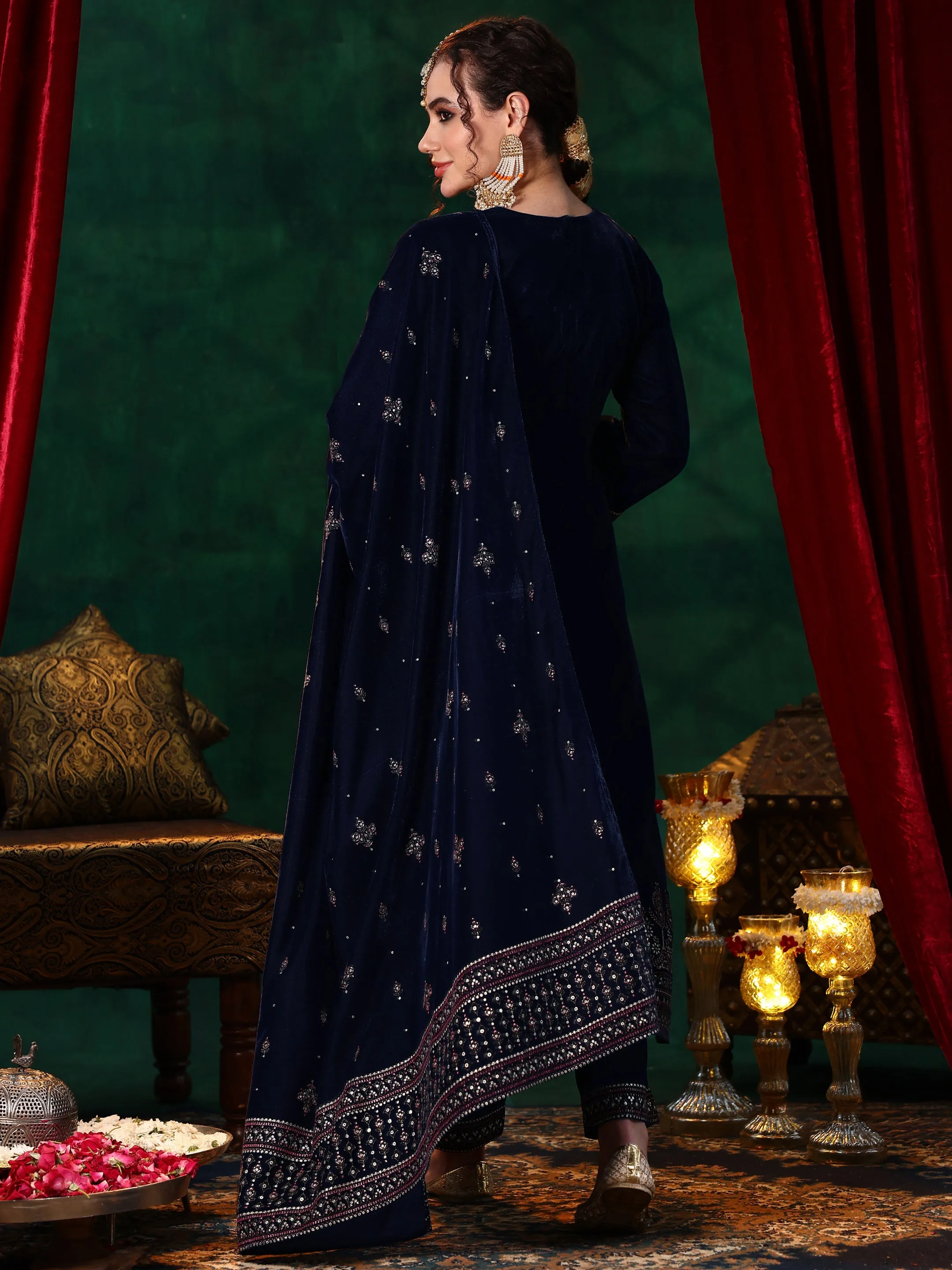 Blue Embroidered Velvet Straight Suit With Dupatta