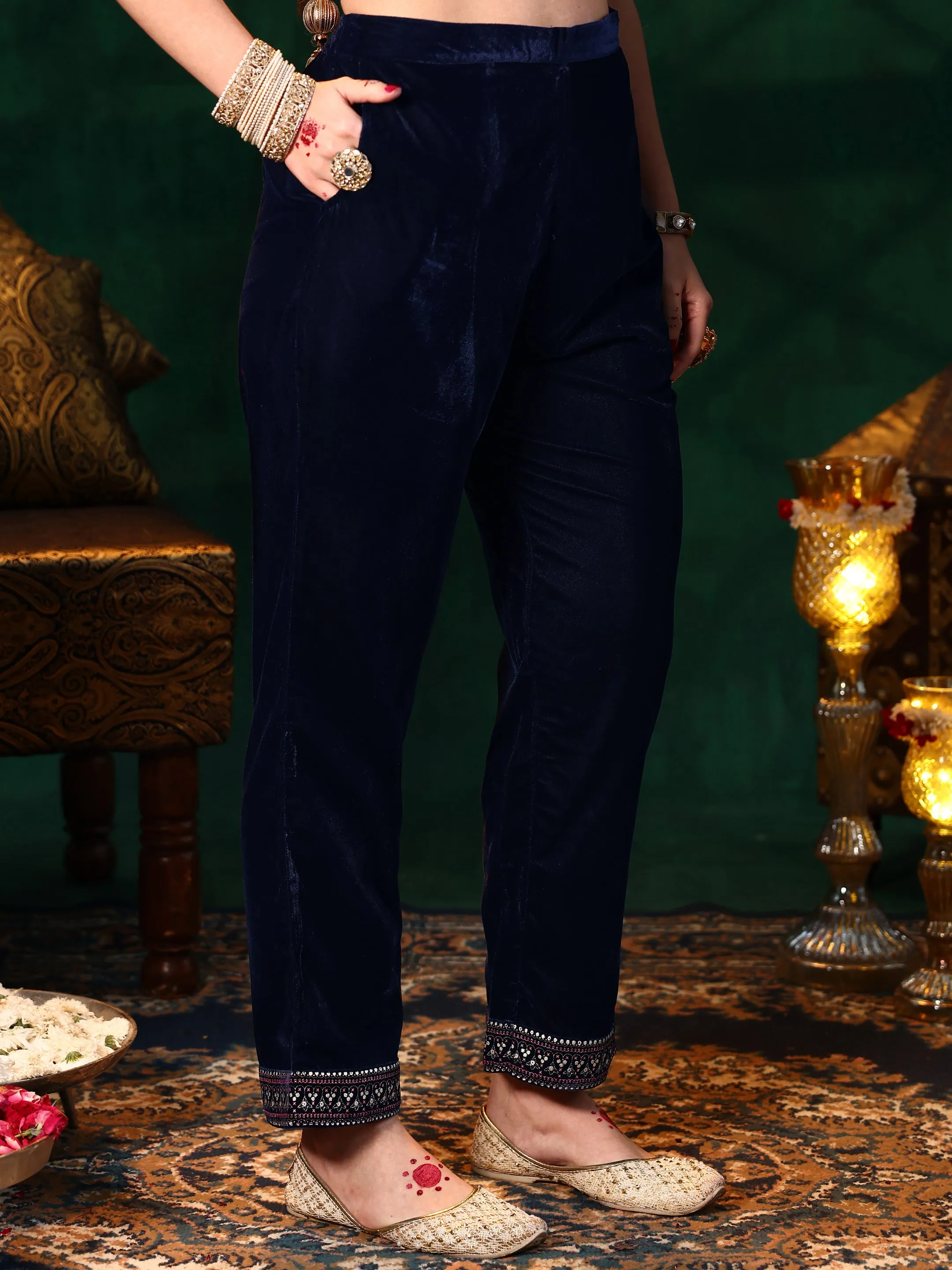 Blue Embroidered Velvet Straight Suit With Dupatta