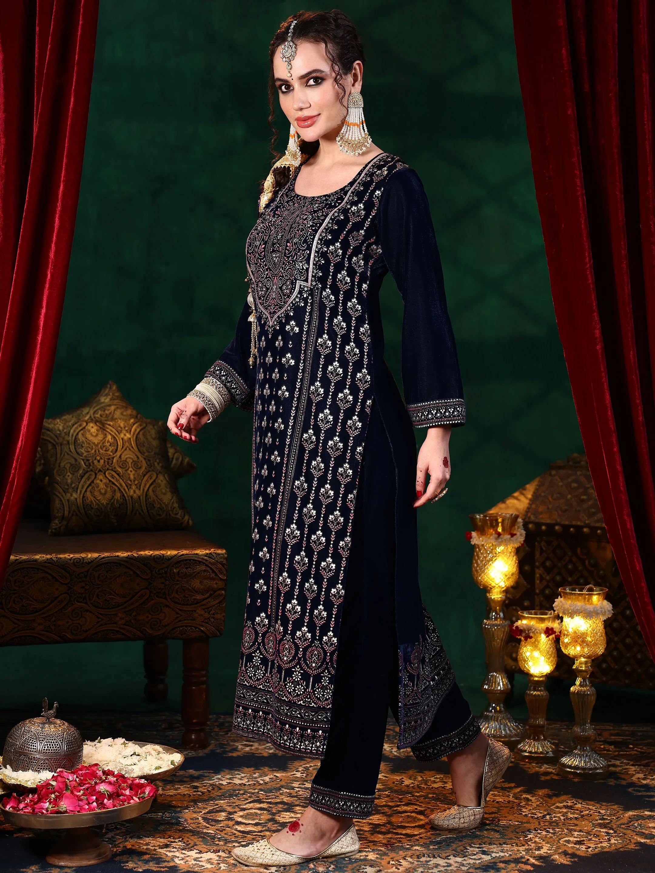 Blue Embroidered Velvet Straight Suit With Dupatta