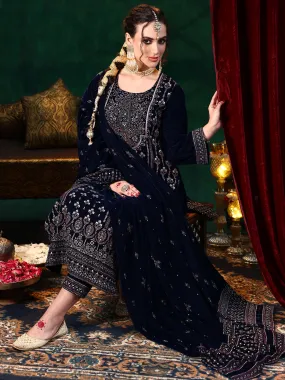 Blue Embroidered Velvet Straight Suit With Dupatta