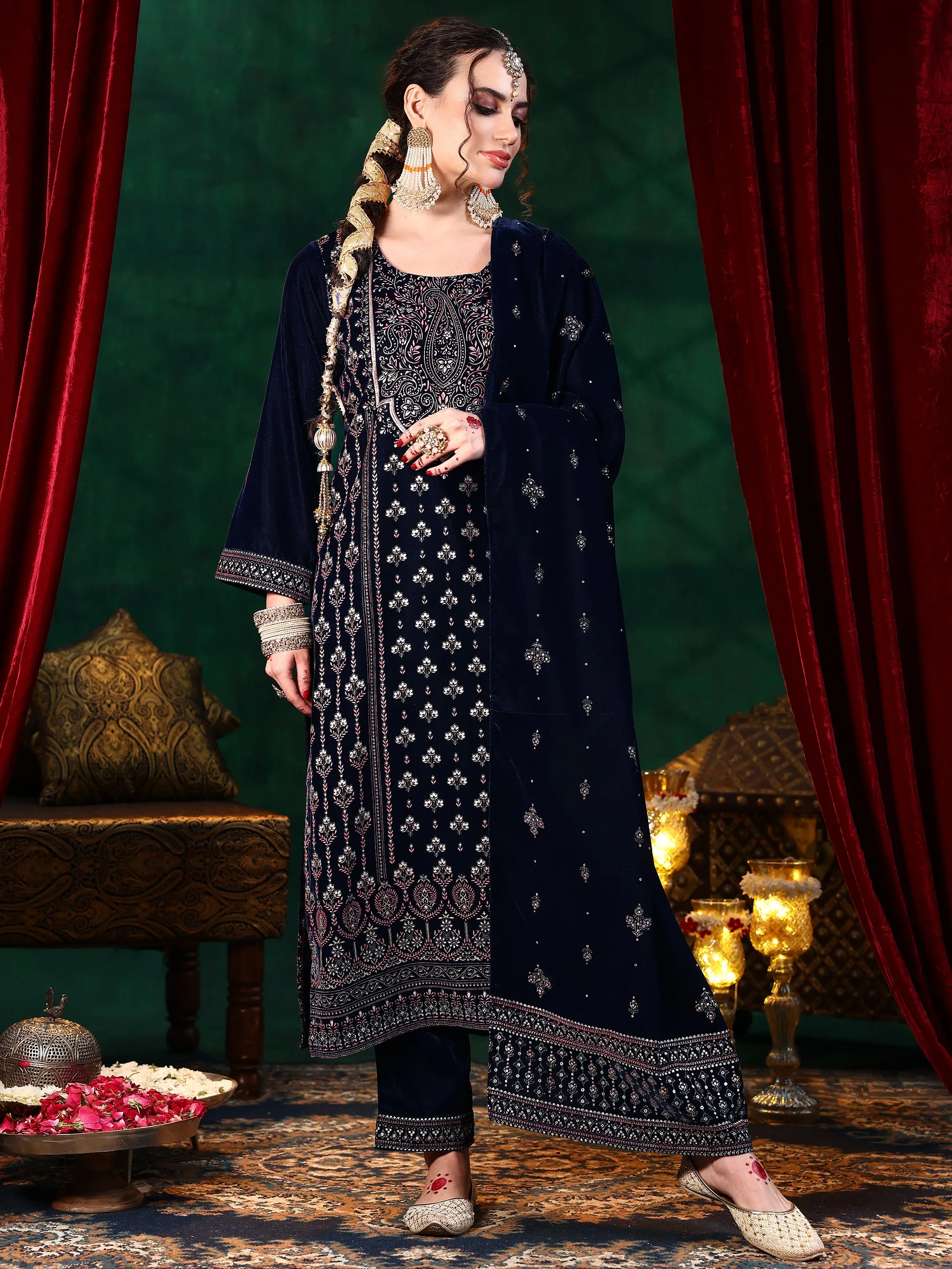 Blue Embroidered Velvet Straight Suit With Dupatta