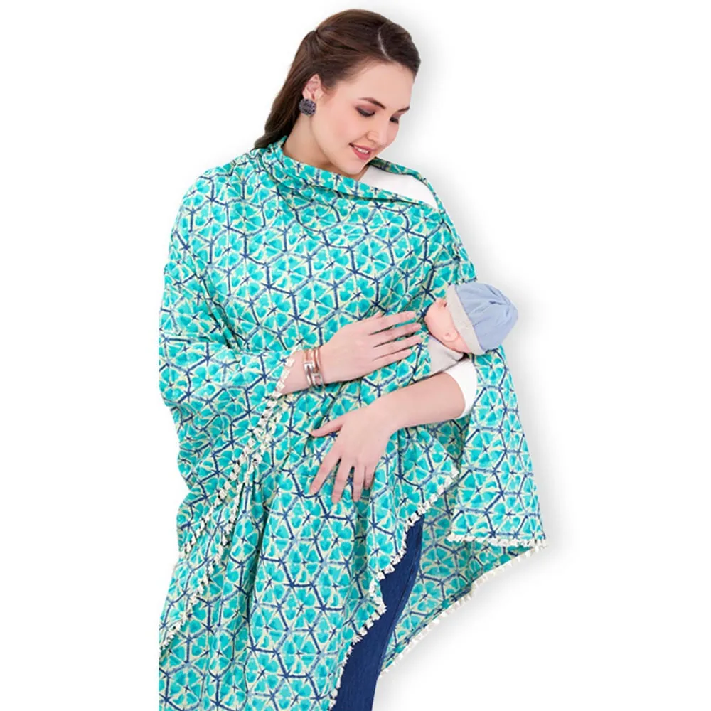 Blue Printed Cotton Nursing Cover Poncho