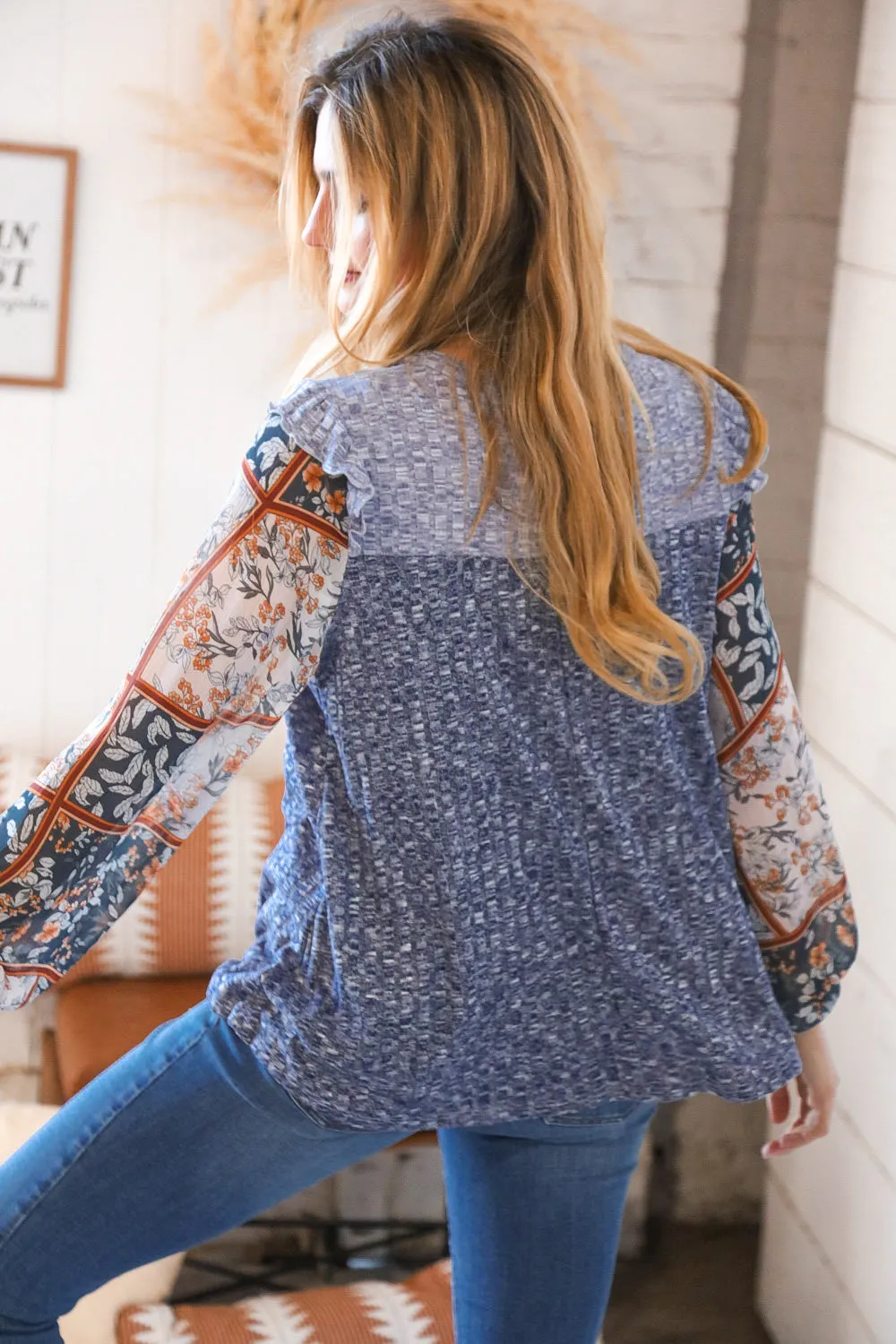 Blue Two Tone Slub Ruffled Yoke Bubble Sleeve Top