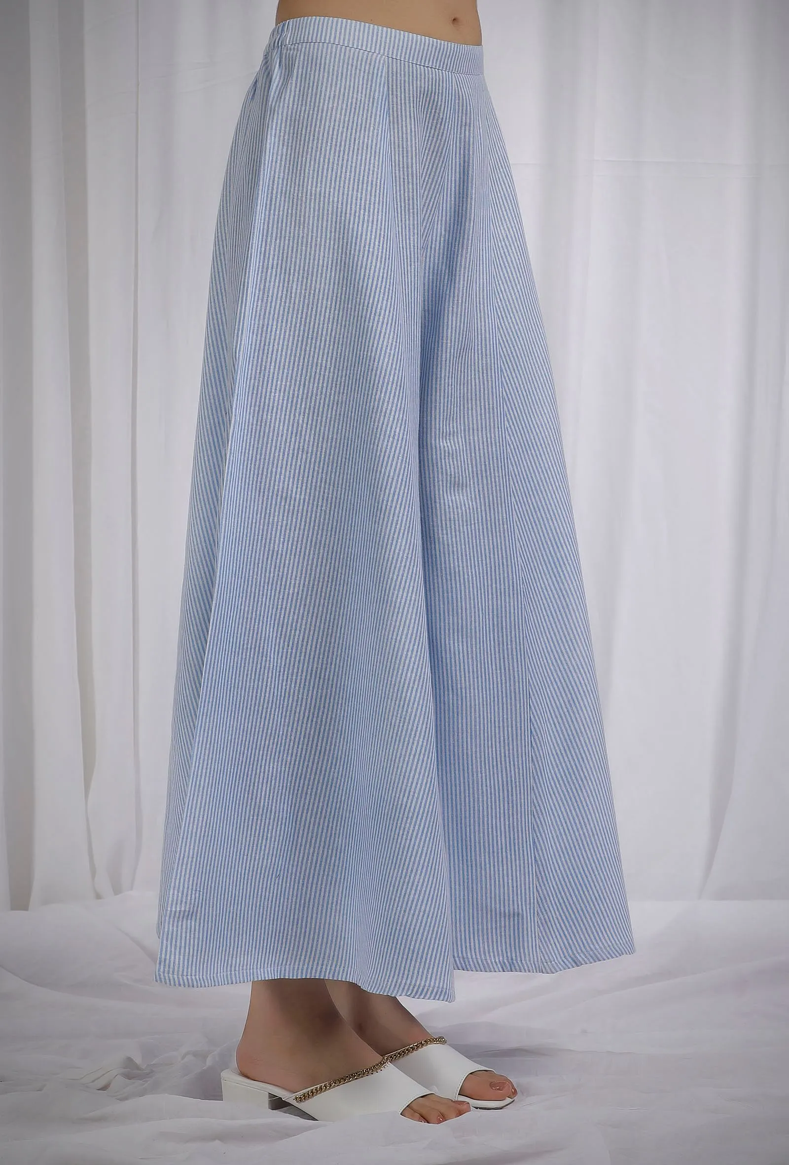 Blue Woven Cotton Striped Flared Pants