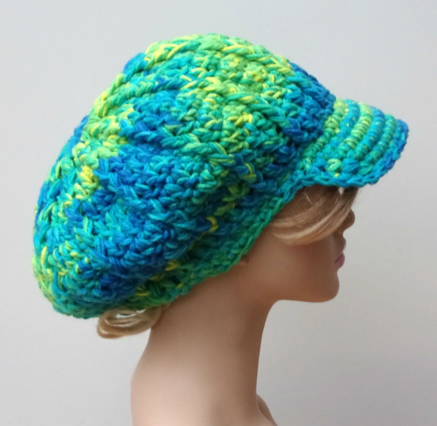 Bohemian Mermaid Slouchy Newsboy Visor Dread Tam Hippie brimmed slouch billed beanie Hat turquoise yellow green