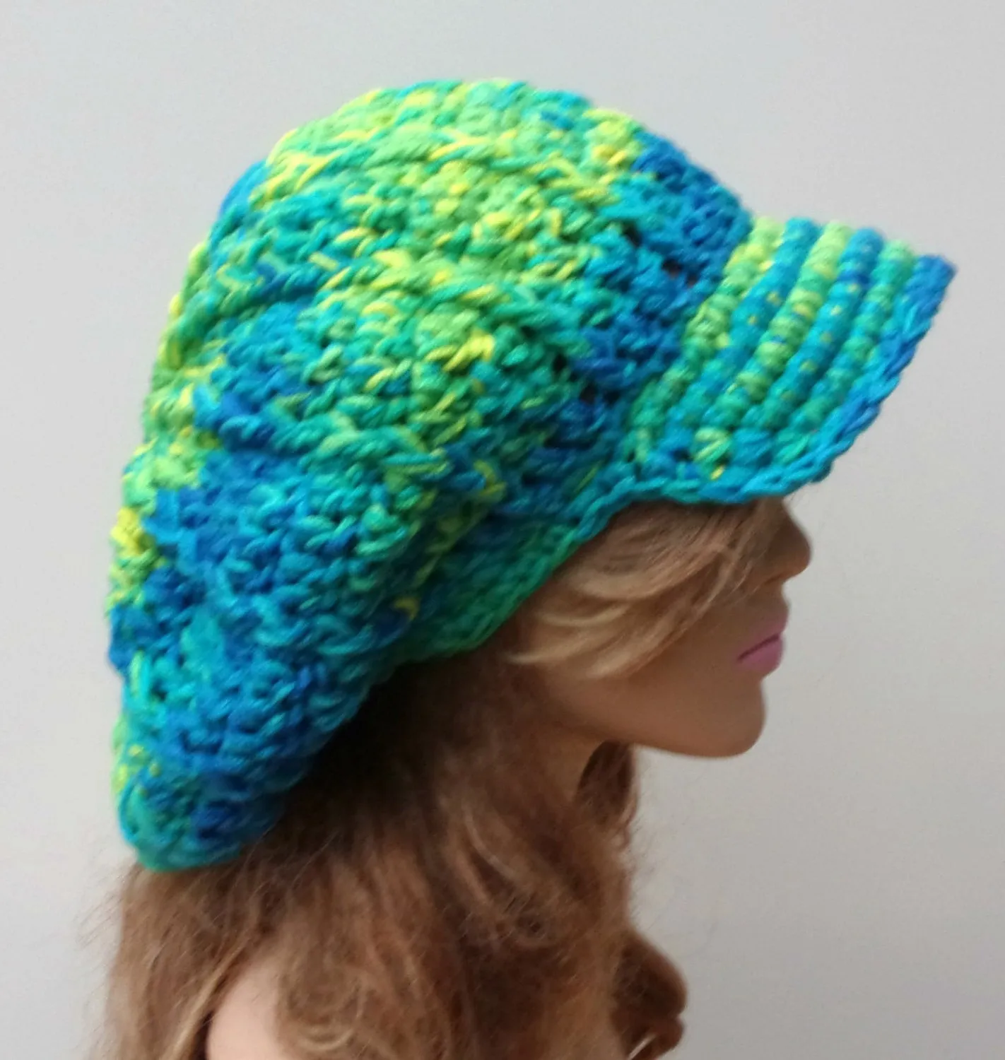 Bohemian Mermaid Slouchy Newsboy Visor Dread Tam Hippie brimmed slouch billed beanie Hat turquoise yellow green