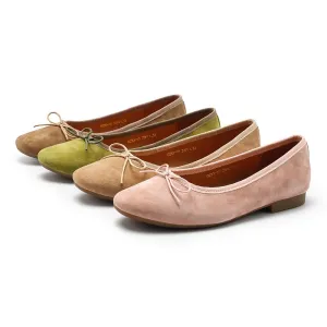 Bow-Detail Round Toe Suede Sheepskin Ballerina Shoes in Green/Pink/Khaki/Apricot/Yellow