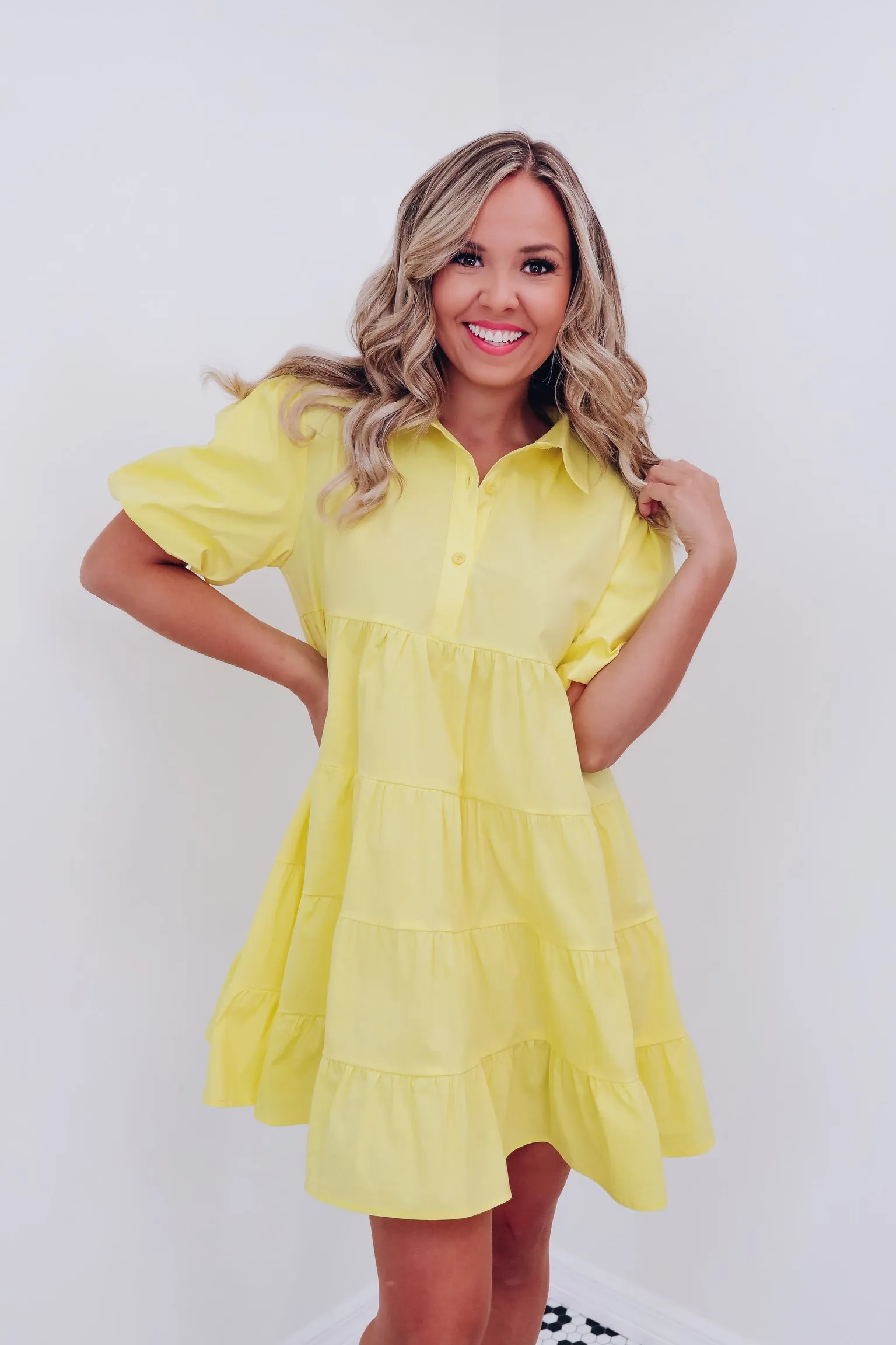 Bright Side Tiered Puff Sleeve Dress - Yellow