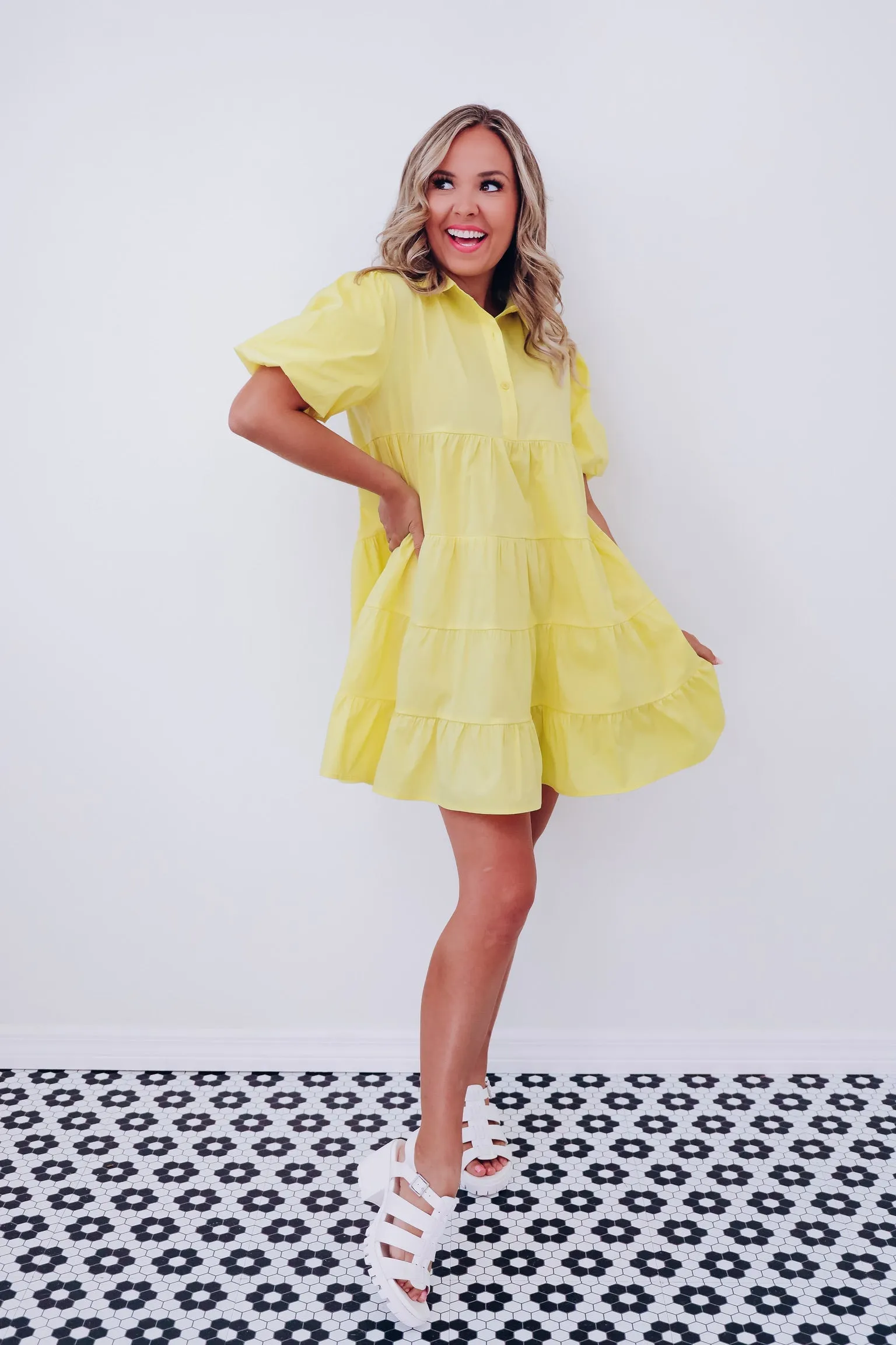 Bright Side Tiered Puff Sleeve Dress - Yellow