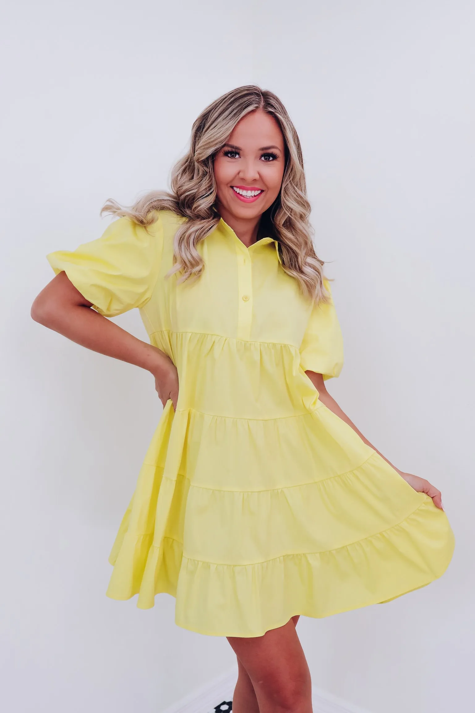 Bright Side Tiered Puff Sleeve Dress - Yellow