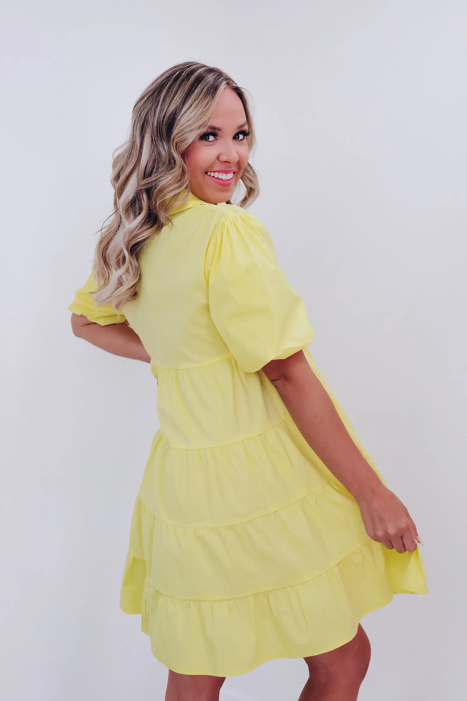 Bright Side Tiered Puff Sleeve Dress - Yellow