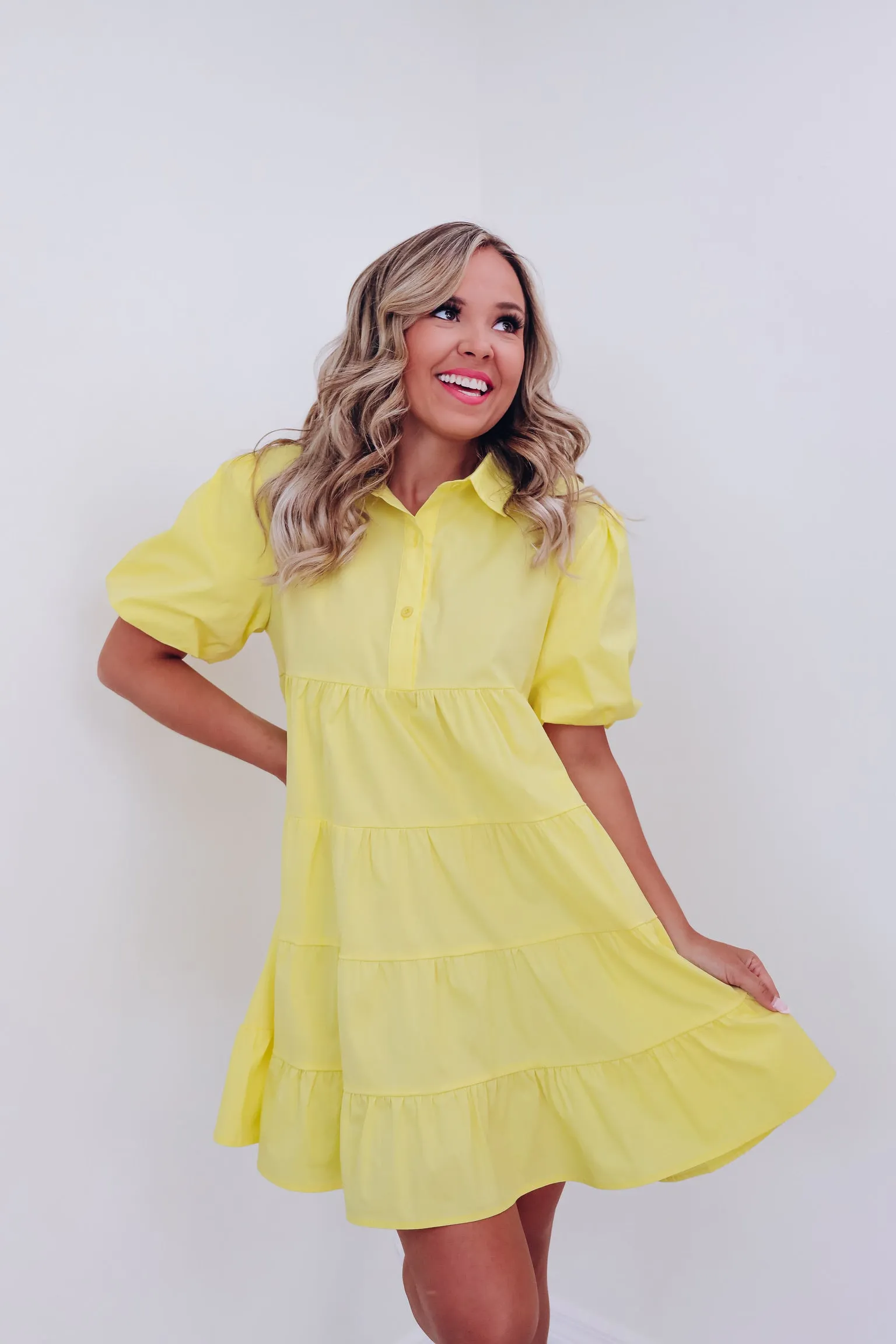 Bright Side Tiered Puff Sleeve Dress - Yellow