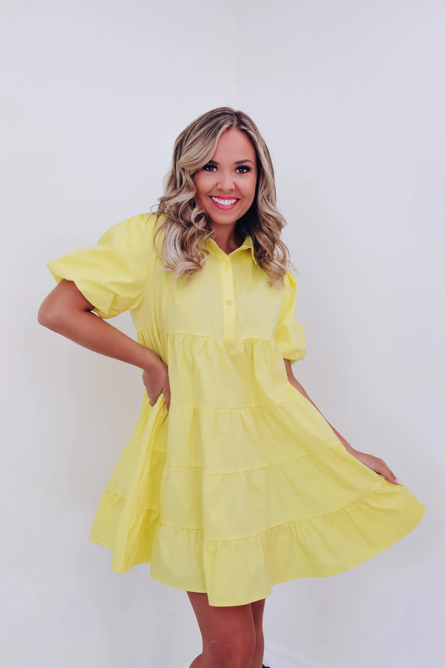 Bright Side Tiered Puff Sleeve Dress - Yellow