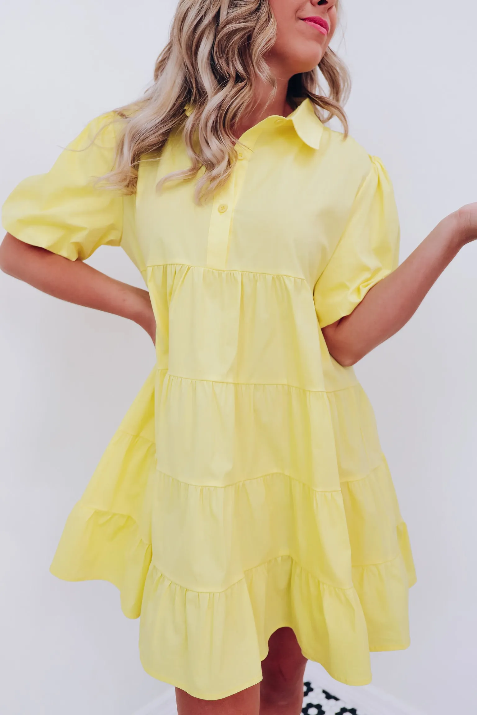 Bright Side Tiered Puff Sleeve Dress - Yellow