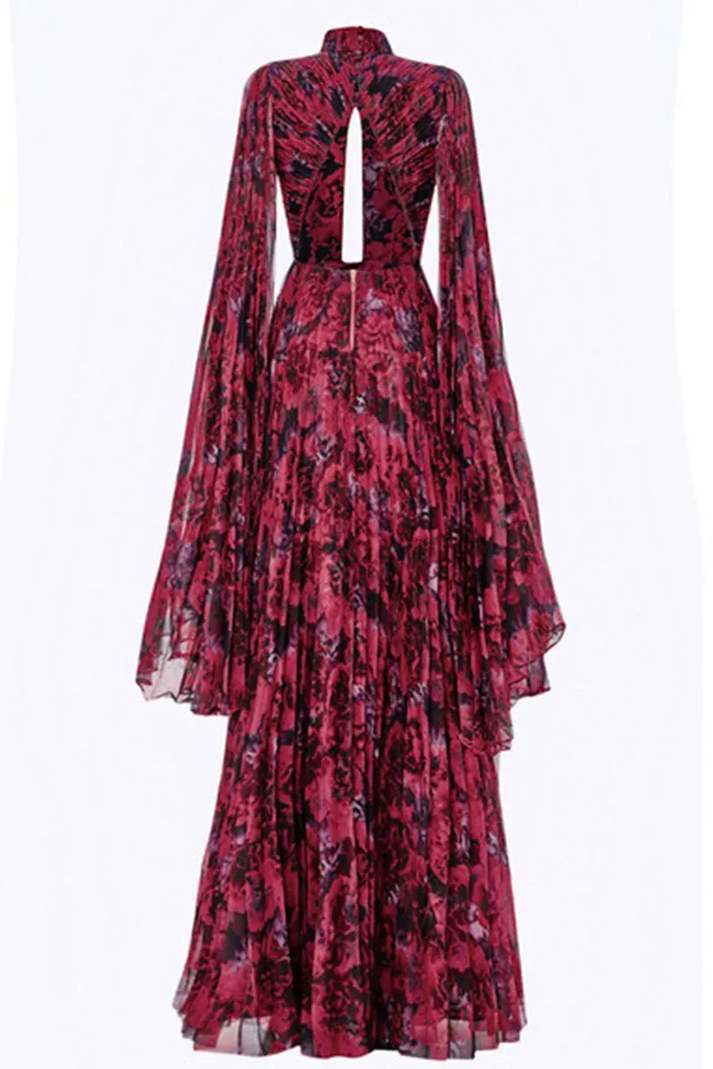 BUST DETAILED DRAPED FLORAL PATTERN MAXI DRESS IN FUCHSIA FLORAL