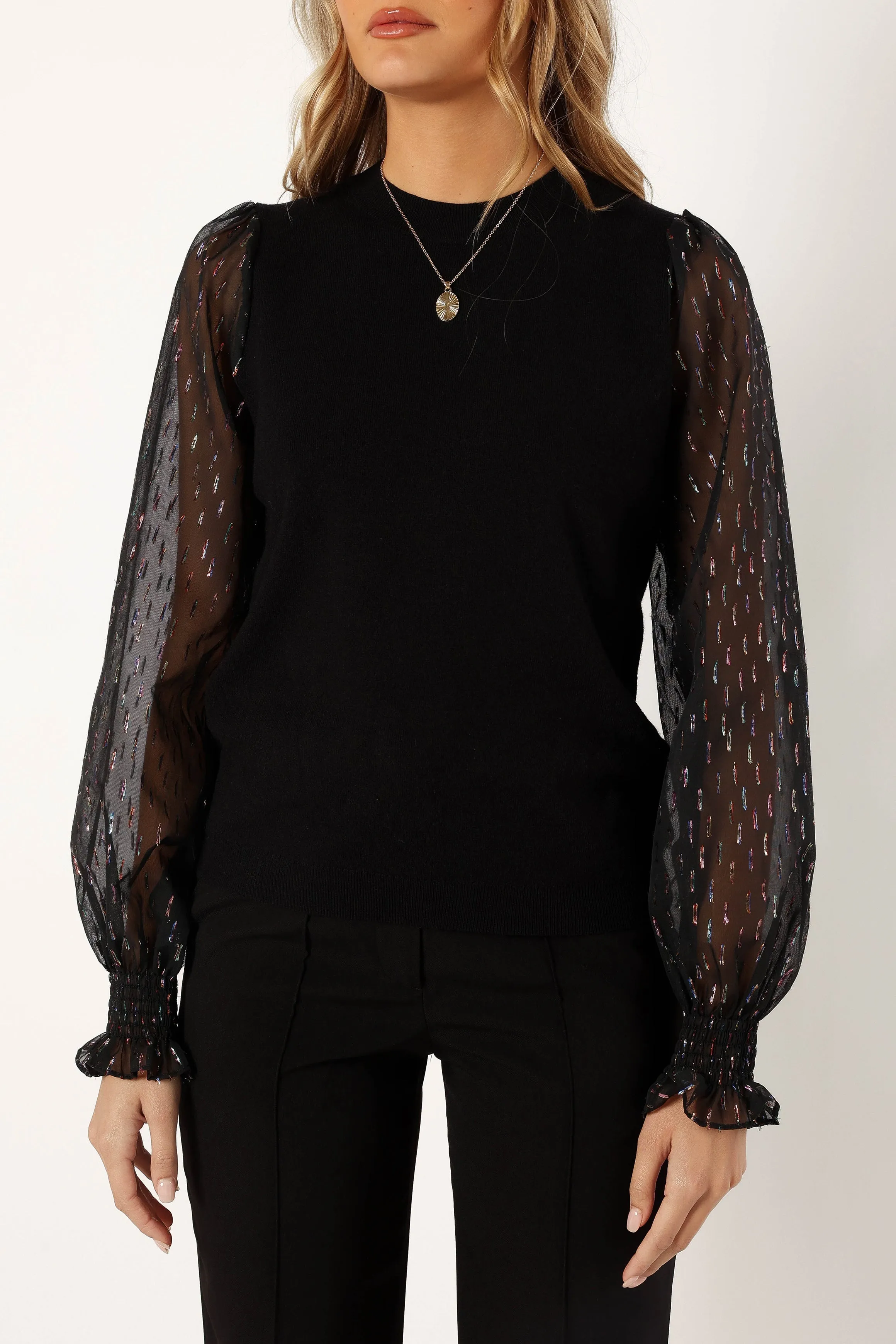 Callie Contrast Chiffon Sleeve Knit Sweater - Black