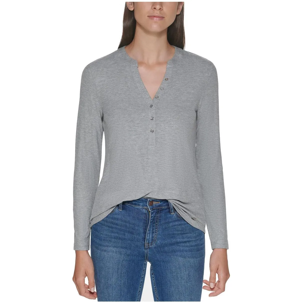 CALVIN KLEIN Women's Henley Ribbed Long Sleeved T-Shirt