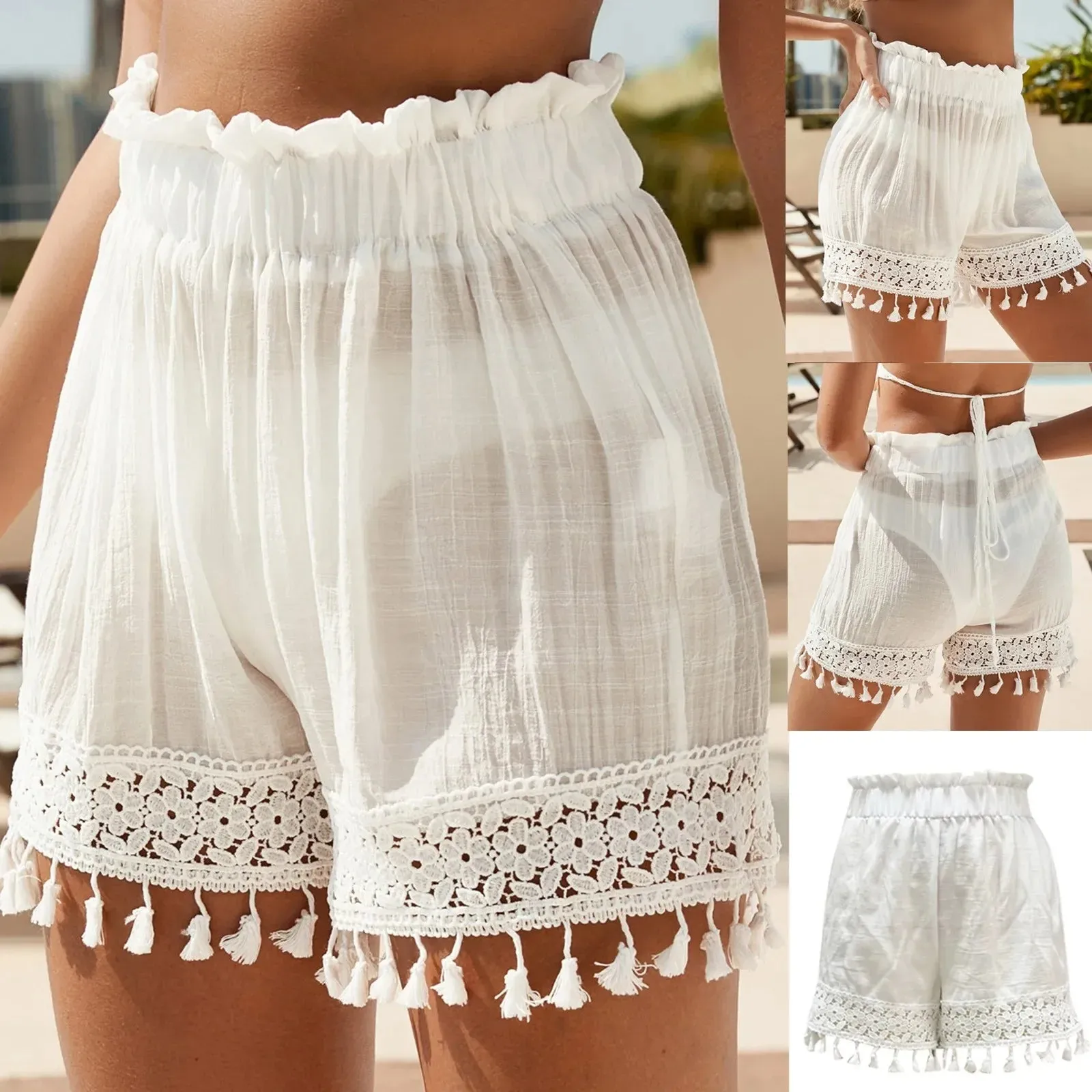 Casual Tassel Patchwork Beach Shorts Solid Fringe Cover Vacation Style Straight Tube Summer Pants