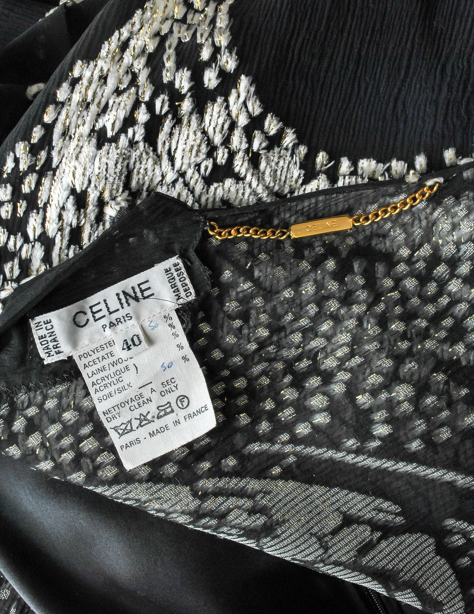 Celine Vintage Black Sheer Silk Embroidered Fuzzy Gold Tinsel Dress